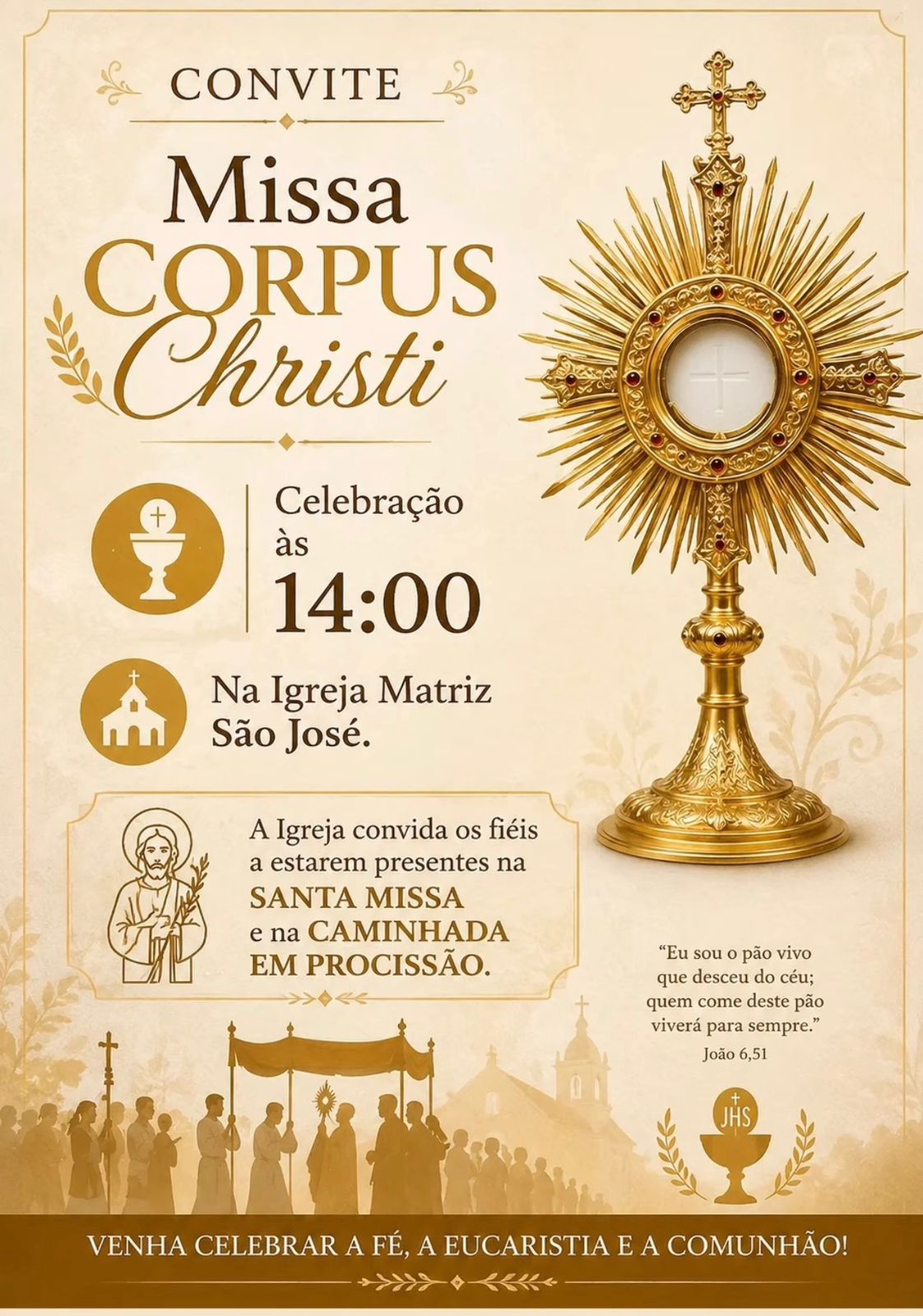 Convite — Missa de Corpus Christi 2026 na Igreja Matriz São José de Coronel Freitas