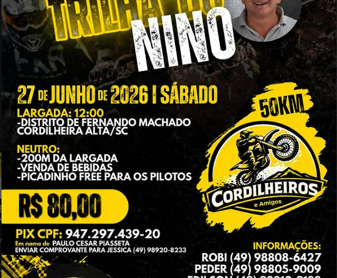 Trilha do Nino: meia trilha beneficente reúne motocross do oeste em Cordilheira Alta no dia 27 de junho