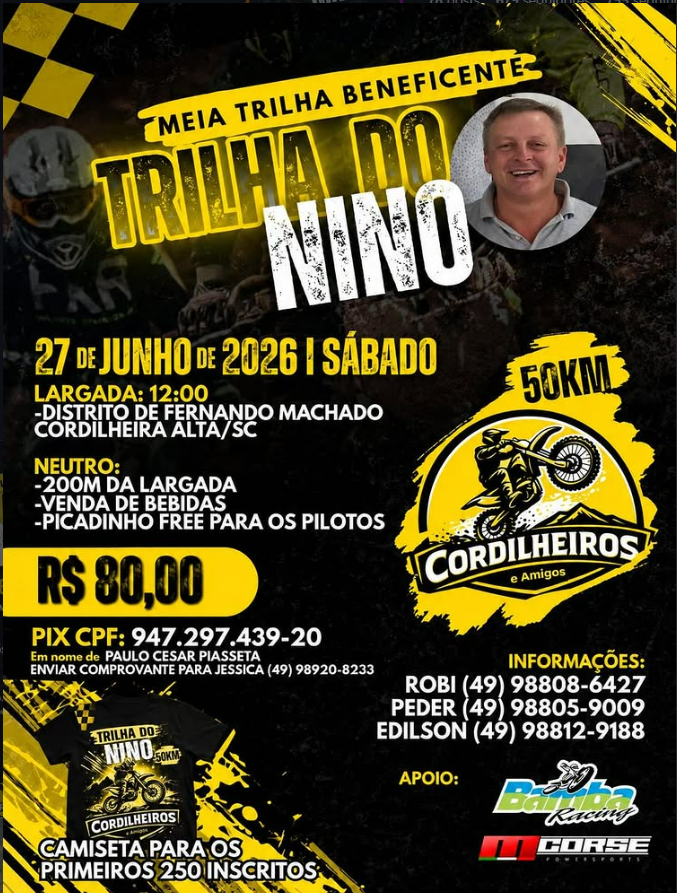 Trilha do Nino: meia trilha beneficente reúne motocross do oeste em Cordilheira Alta no dia 27 de junho